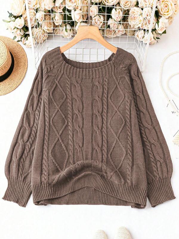 DreamSkyne Plus Size Solid Color Cable Knit Crew Neck Casual Pullover Sweater