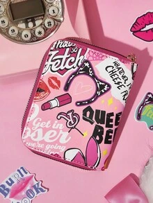 Mean Girls | SHEIN 1pc Piece Cute Cartoon Pattern Printed Zipper Pu Leather Short Wallet, Organ Compartment, Card Storage, Suitable For Students, Ladies, That's So Fetch, Queen Bee - Pink - View 3
