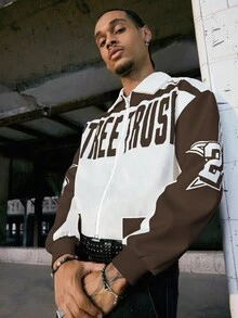 PAVTROS Veste courte zippée décontractée pour homme, imprimé lettres bicolore, automne - Tabac - Voir 3