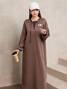 Graceveil 女式休闲抽绳装饰宽松圆领长款连帽衫，棕色，秋冬 - 棕色 - 查看 4