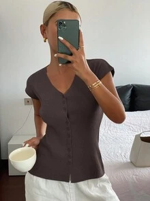 DAZY Cardigan casual femme de couleur unie à col V extensible, pull fin ajusté pour l'automne - Marron - Voir 6