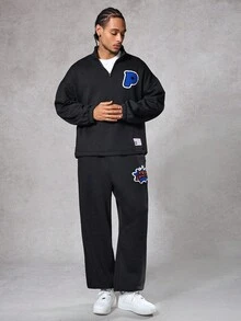 DAZY Men's Graphic Letter Embroidered Thermal Lined Pullover Sweatshirt & Pants Set, Street Style, Autumn/Winter - Black - View 5
