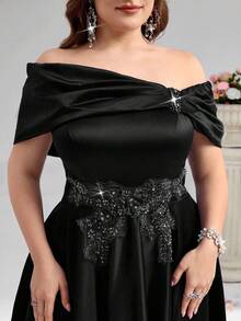 Coutiva Elegant Drop Shoulder Asymmetrical Collar With Applique Design And Wide Swing Satin Ball Gown, Suitable For Birthday Party, Graduation Ceremony, Wedding Guest, Back To School Party