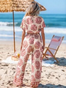 Sylviya Women Casual Printed Blouse And Pants 2 Pieces Set, Lightweight Summer Vacation Everyday Outfit