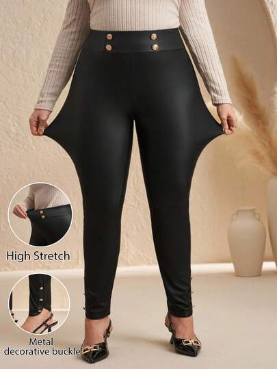 Chikora Elegante Leggings in Große Größen mit schwarzer Metallschnalle und hoher Dehnbarkeit aus PU, für Herbst/Winter