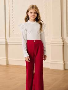 Conjunto de camiseta básica de manga larga de cuello redondo ajustada de unicolor y pantalones acampanados de cintura alta de unicolor, estilo casual minimalista, adecuado para volver al colegio, otoño - Burdeos - Ver 5