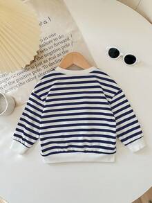 男宝宝/女宝宝法式条纹和心形拼布插肩袖卫衣，秋冬休闲日常和校服 - 藍色 - 查看 2