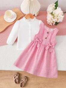 Baby Girl Frill Mock Neck Puff Sleeve White Shirt And Sleeveless Dress With Oversized Bow Decor Set, Elegant Casual Fashion Outfit Fall Winter - Multicolor - View 3