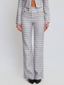 Avenya Black And White Checkered Slim Flared Pants For Women,Low-Waist Plaid Trousers,Autumn Business Casual Work Office Wear,Y2K Vintage Old Money Style - Grey - View 1
