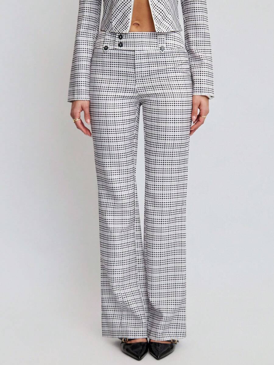 Avenya Black And White Checkered Slim Flared Pants For Women,Low-Waist Plaid Trousers,Autumn Business Casual Work Office Wear,Y2K Vintage Old Money Style - Grey - View 1