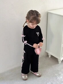 SHEIN Baby Girl Casual Set With Bow Decor Round Neck Long Sleeve T-Shirt And Pants, Autumn Fall Winter - Black - View 3