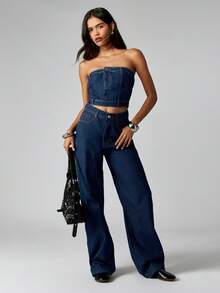 MISSGUIDED 棉质细条纹牛仔高腰阔腿牛仔裤，女式复古风格直筒阔腿裤，带细条纹图案 - 深色水洗藍 - 查看 1