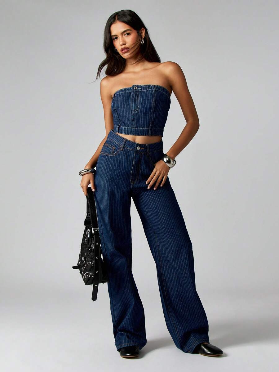 MISSGUIDED 棉质细条纹牛仔高腰阔腿牛仔裤，女式复古风格直筒阔腿裤，带细条纹图案 - 深色水洗藍 - 查看 1