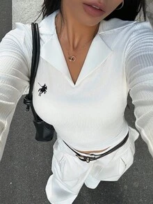 INAWLY 女士休闲通勤刺绣细节长袖上衣 - 白色 - 查看 5