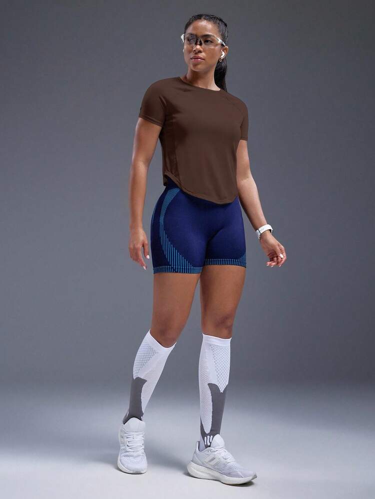 Powerista Casual Plain Color Short Sleeve Curved Hem Sports T-Shirt Gym Women Shirts - Coffee Brown - View 4
