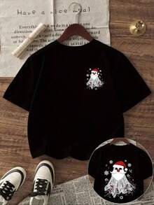 Christmas Print Round Neck Short Sleeve T-Shirt, Casual Everyday Wear For Young Girls