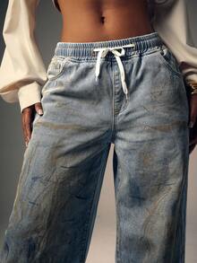 Denimoi Drawstring Waist Baggy Wide Leg Washed Denim Jeans - Light Wash - View 3