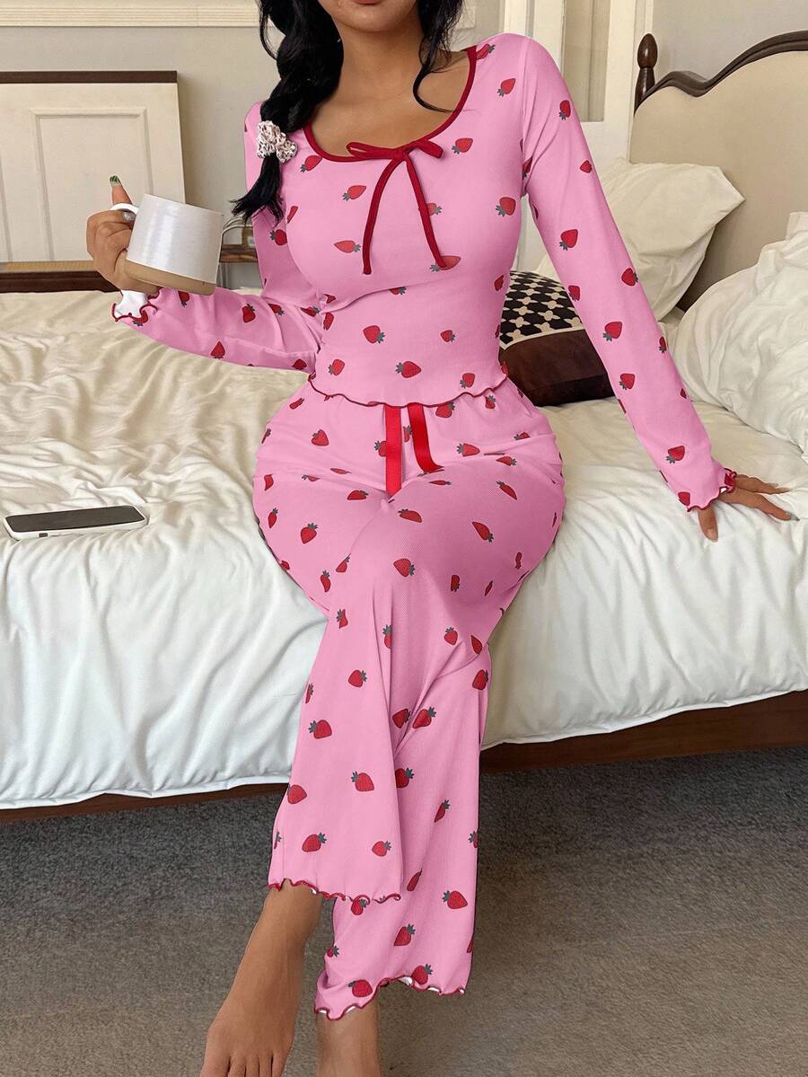 SHEIN Strawberry Print Long Sleeve Top & Pants Pajama Set, Two Pieces Set, Fall Winter Clothes - Pink - View 1