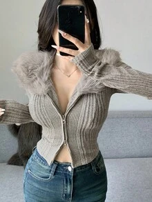 DAZY Women's Plush Collar Patchwork Fitted Short Cardigan, Long Sleeve T-Shirt, Autumn/Winter