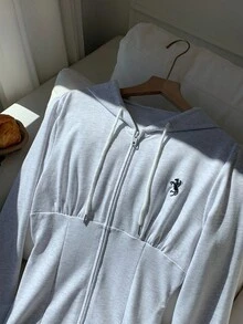 Comfortcana 女士刺绣连帽长袖迷你连衣裙 - 灰色 - 查看 4