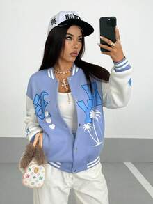 SHEIN Unity 字母圖案落肩袖雙色學院風夾克 - 藍色 - 查看 7