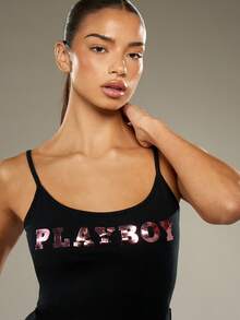 Missguided x Playboy Cotton Fitted Cami Top With Graphic Print Pattern Sleeveless Summer Tank - Black - View 5