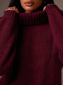 Athîral Women's Burgundy Turtleneck Sweater | Plush Knit Fabric, Relaxed Straight Cut, High Fold-Over Turtleneck Collar, Full-Length Drop Shoulder Sleeves, Ribbed Cuffs And Hem, Minimalist Cozy Autumn-Winter Essential,Plum Roll Neck Knit Jumper, Winter Warm, Women's Knitwear,New Year Clothes ,Christmas Sweater ,Women's Winter Clothes,Elegant Women's Blouses,Red Tops, Everyday Wear,Christmas Sweater Women - Burgundy - View 2