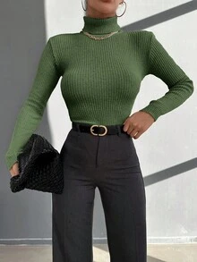 RueChic Turtleneck Ribbed Knit Sweater - Green - View 3