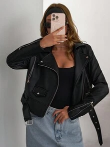 EURMUSE Zip Up PU Belted Detailed Leather Moto Jacket, For Autumn/Winter - Black - View 4