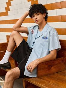 Open Phase STONE DISTRICT 男士休闲条纹标语印花短袖衬衫，夏季学院风，纽扣衬衫，春夏款 - 彩色 - 查看 7