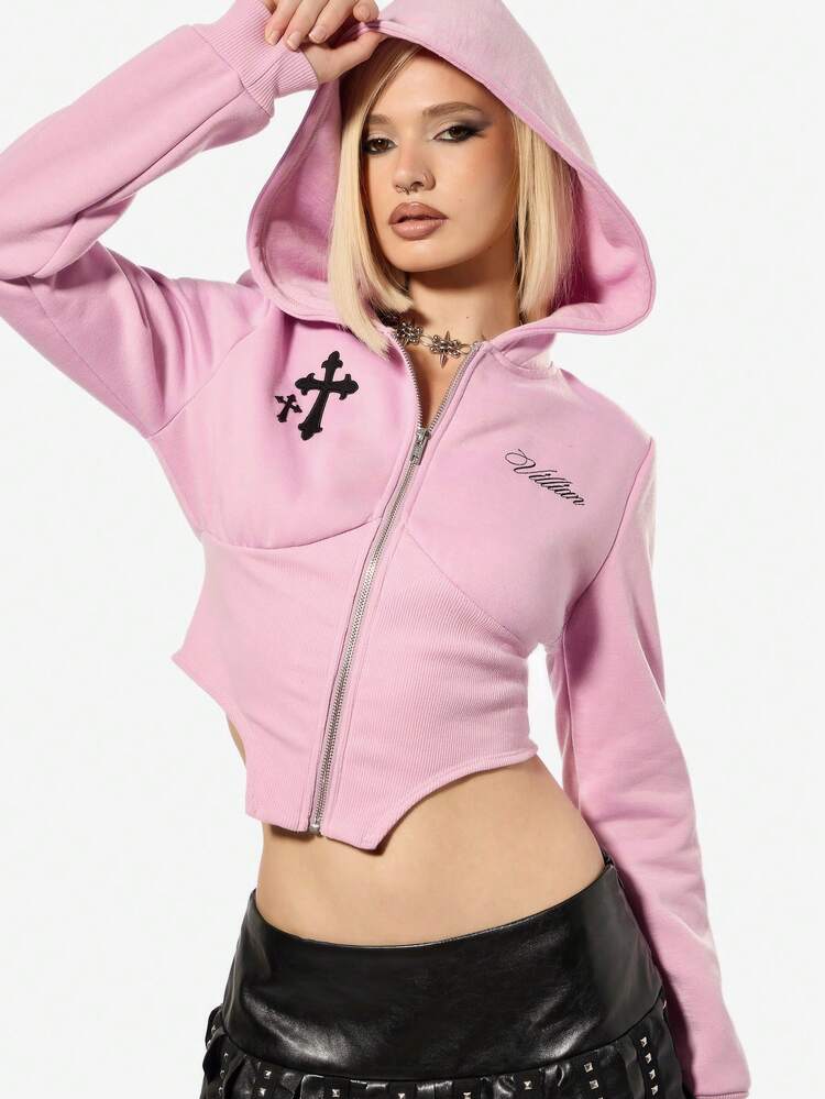 SUMWON Halloween Cropped Zip Through Hoodie With Contrast Graphics And Ribbed Hem For Casual Street Style