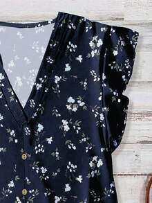 SHEIN LUNE 女士休闲碎花衬衫，优雅蓝色底色，适合夏季 - 藏蓝色 - 查看 4