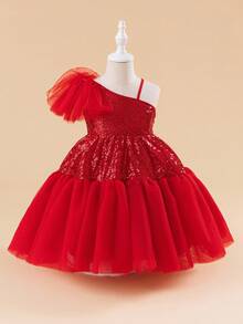 Glamorique Kids Young Girl Red Sequin Mesh Tulle Party Dress, Suitable For Parties, Gatherings And Various Occasions, Luxurious, Elegant,Christmas Dress Fall Winter - Red - View 3