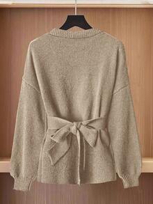 GlowEve Áo khoác cardigan dài tay thanh lịch buộc eo màu trơn dành cho nữ - Màu be - Xem 3