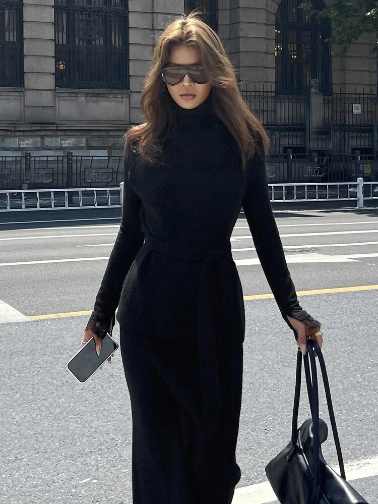 Women's Solid Color Turtleneck Long Sleeve Elegant Sweater And Midi Skirt 2-Piece Set
