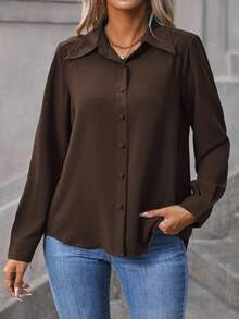 Vionelle Plus Size Women's Elegant Solid Brown Button Down Blouse,Autumn Everyday Long Sleeve Single-Breasted Casual Work Shirt,Coffee Chocolate Brown Top - Chocolate Brown - View 7