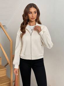 SHEIN LUNE 女士休闲宽松优雅通勤翻领拉链斜插口袋下摆抽绳粗花呢外套白色西装外套奢华奶油色女士白色外套优雅秋冬 - 杏色 - 查看 5