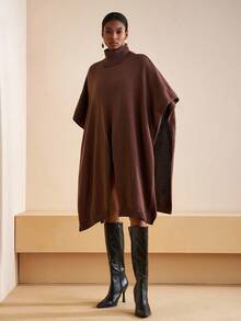 Zivah 2025 Winter New Style, Christmas, New Year, Birthday, Party, Banquet, Preppy Style, Student Wear, Everyday Outing, Basic Versatile, Casual, Cruise Travel, Influencer Style, Street Style, Elegant, Commuter, Business Casual, Exaggerated Turtleneck With Fold-Down Cape Style, High Front Slit, Dark Brown, Autumn/Winter Sweater Pullover, Winter Sweater Jacket, Christmas Sweater Jacket, New Year Sweater Jacket, Women's Sweater Jacket