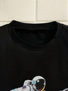 Explorewe Tween Boy Casual Cartoon Astronaut Skateboard Print Crew Neck Long Sleeve T-Shirt Fall Winter - Black - View 4