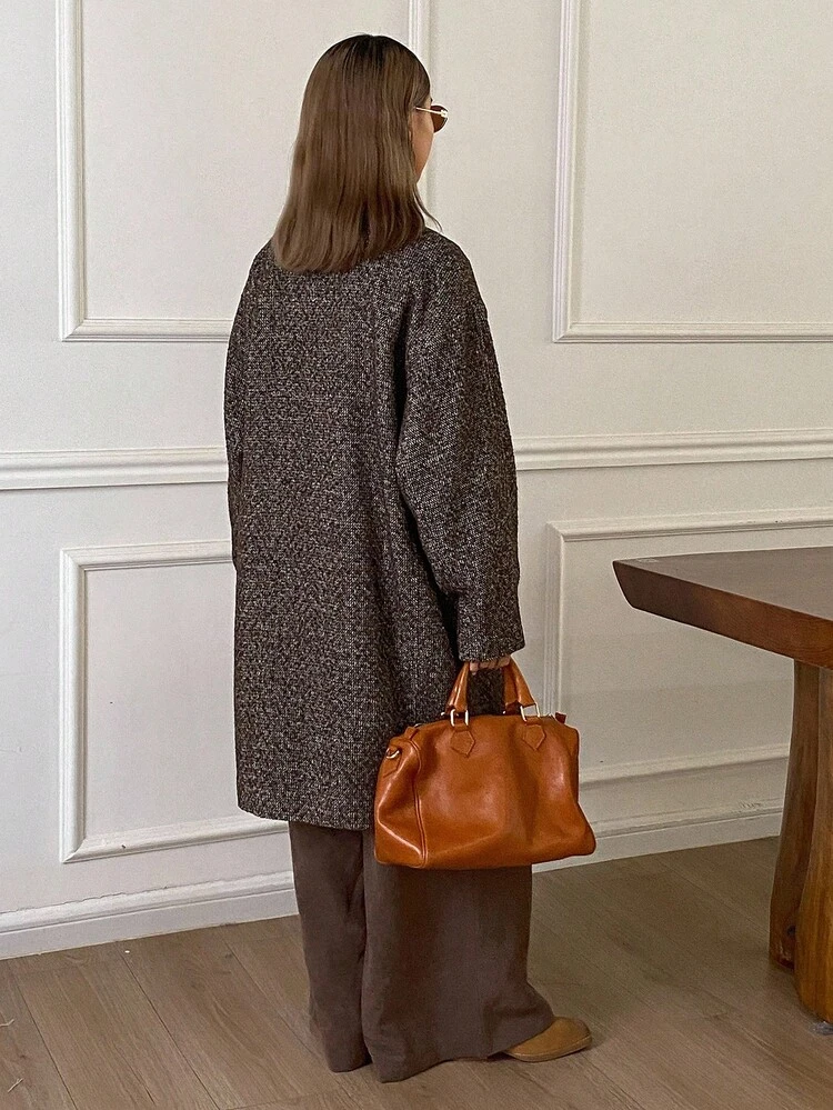 Women's Loose Fit Patchwork PU & Wool Blend Long Sleeve Elegant Casual Jacket, Autumn/Winter Women Coats