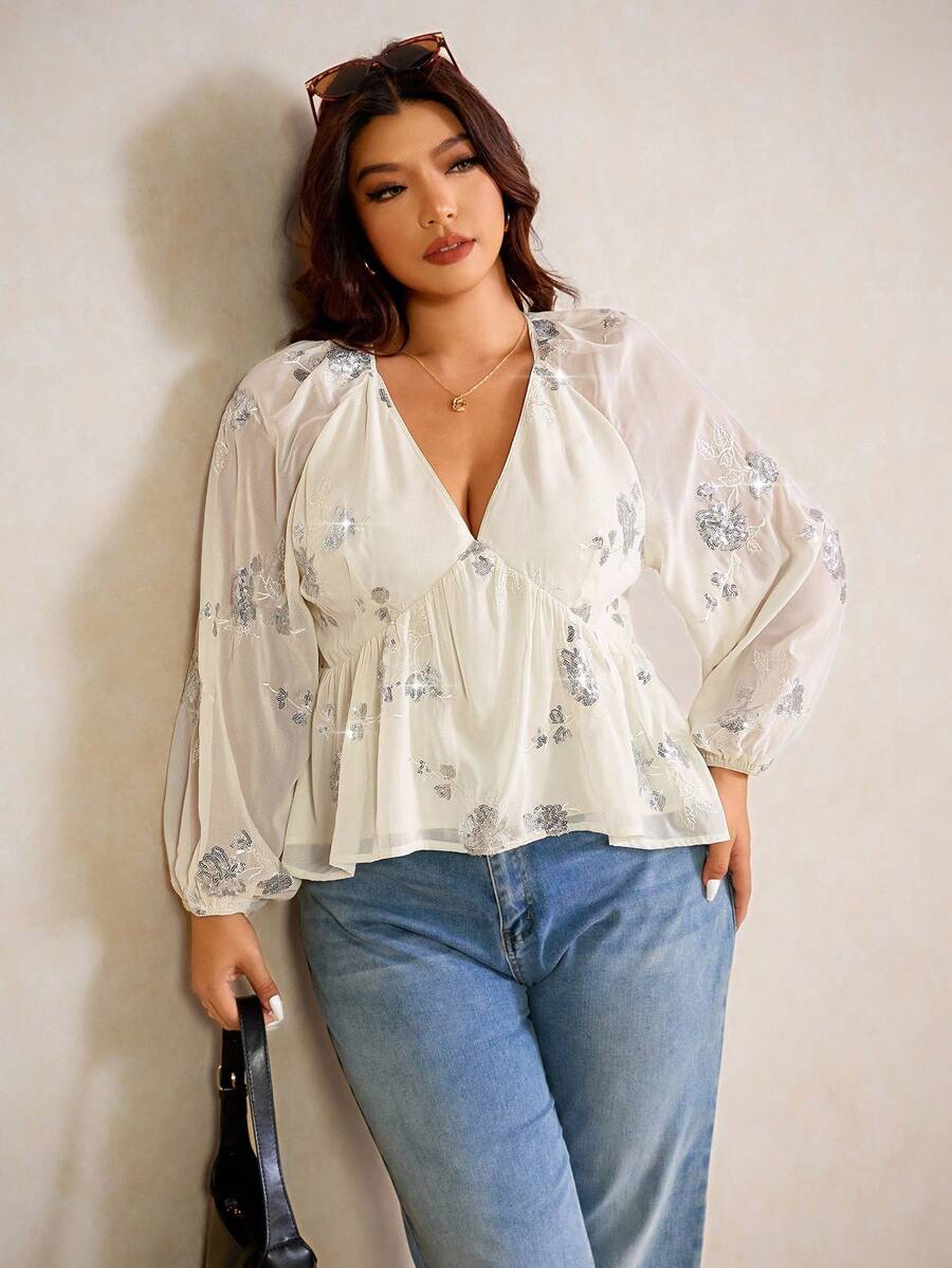 Elaquor 大码女式花卉亮片灯笼袖宽松时尚衬衫 - 杏色 - 查看 1