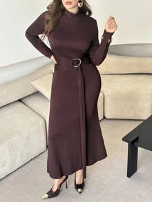 Modelyn Gestricktes Midikleid mit Rollkragen, Langarm und Struktur in Große Größen, Lässig für Frühling & Herbst - Schokoladenbraun - Übersicht 3