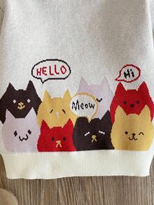 SHEIN Young Girl Casual Cute Cartoon Cat Pattern Crew Neck Sweater, Autumn/Winter - Multicolor - View 4