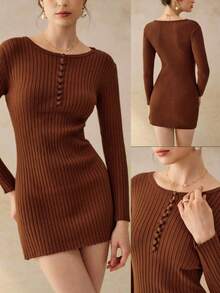 Cévolie Women's Solid Color Round Neck Long Sleeve Ribbed Button Design Casual Knitted Dress, Autumn
