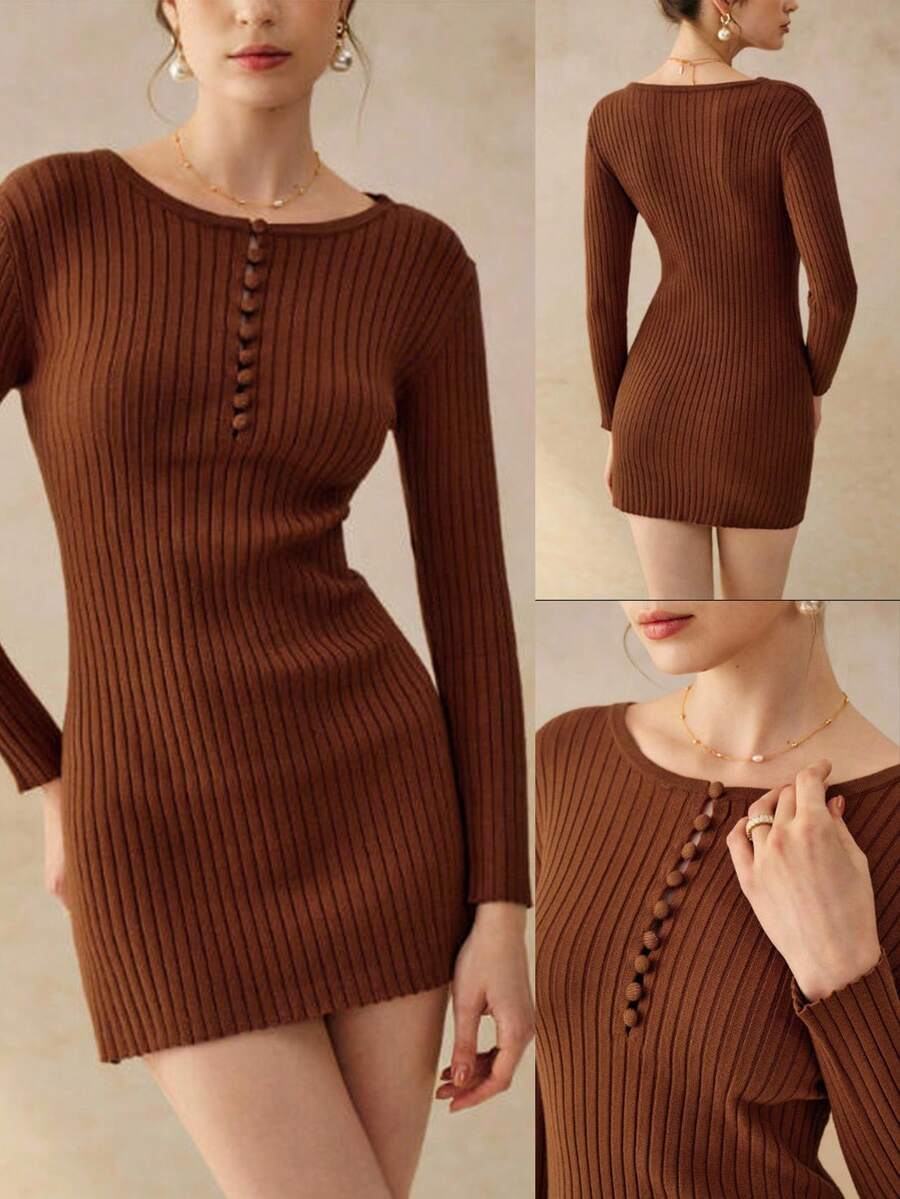 Cévolie Women's Solid Color Round Neck Long Sleeve Ribbed Button Design Casual Knitted Dress, Autumn