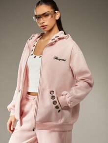MISSGUIDED Eyelet Detail Full Zip Hoodie With Drawstring For Fall Winter Casual Wear - Pink - View 1