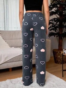 RueChic Fleece Contrast Heart Printed Lounge Bottom - Black - View 2