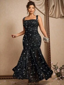 Allurite Vestido largo de mujer de talla grande, vestido sin mangas de cuello cuadrado con dobladillo de malla empalmado, brillante con brillo adecuado para fiesta, banquete, vestido largo de estilo de reina - Negro - Ver 7