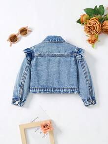 SHEIN 女婴蓝色牛仔翻领长袖短款外套，秋冬季休闲时尚度假装 - 深色水洗藍 - 查看 2