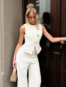 Pariaura Bộ 2 món áo vest và quần dài trang trí mặt trời bằng kim loại thanh lịch dành cho nữ - Màu be - Xem 5